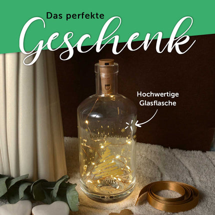 SEO. Flaschenlicht mit LED - Lichterkette und UV Druck - Weihnachtsbaum Gold Design - Personalisiert - Linkreich