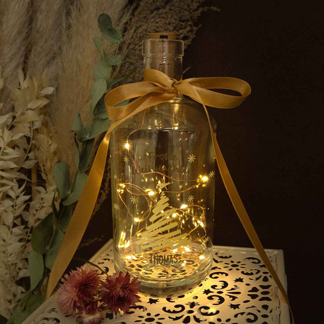 SEO. Flaschenlicht mit LED - Lichterkette und UV Druck - Weihnachtsbaum Gold Design - Personalisiert - Linkreich
