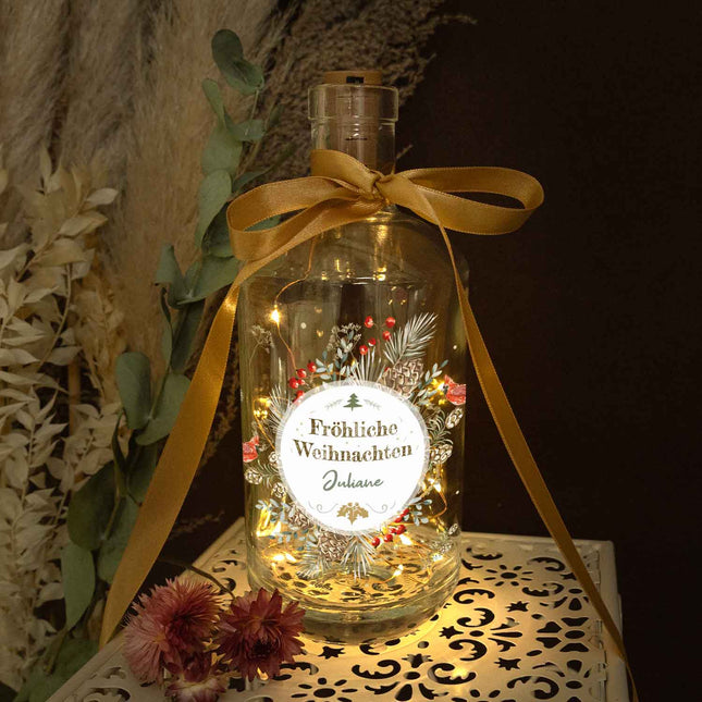 SEO. Flaschenlicht mit LED - Lichterkette und UV Druck - Weihnachtskreis Vögel Design - Personalisiert - Linkreich