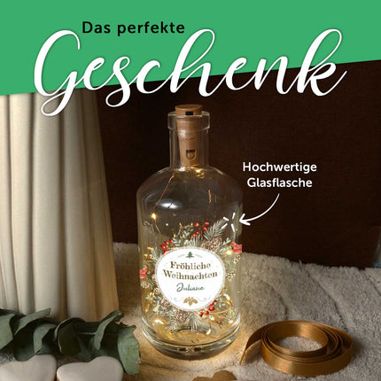 SEO. Flaschenlicht mit LED - Lichterkette und UV Druck - Weihnachtskreis Vögel Design - Personalisiert - Linkreich