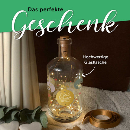 SEO. Flaschenlicht mit LED - Lichterkette und UV Druck - Weihnachtskugeln Design - Personalisiert mit Name - Linkreich