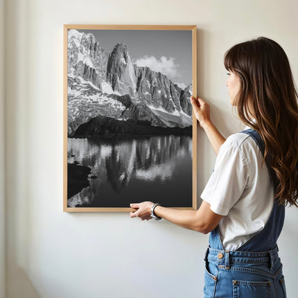 Les Drus Mountain Reflection | Black and White Chamonix Art Print