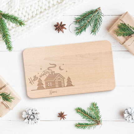SEO. Frühstücksbrettchen aus Holz mit Gravur - Hello Winter - Personalisiert mit Name - Weihnachtsdeko - Linkreich
