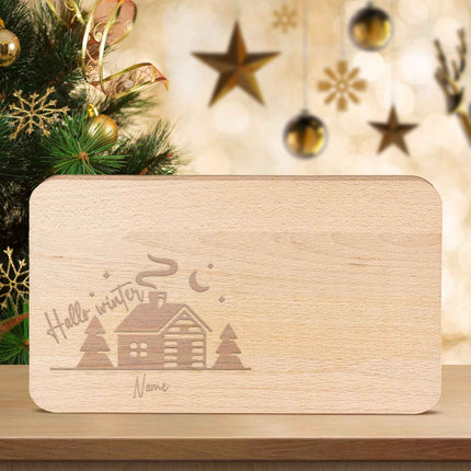 SEO. Frühstücksbrettchen aus Holz mit Gravur - Hello Winter - Personalisiert mit Name - Weihnachtsdeko - Linkreich