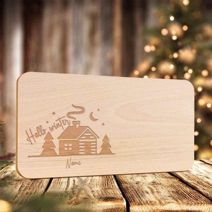 SEO. Frühstücksbrettchen aus Holz mit Gravur - Hello Winter - Personalisiert mit Name - Weihnachtsdeko - Linkreich
