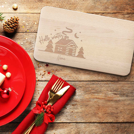 SEO. Frühstücksbrettchen aus Holz mit Gravur - Hello Winter - Personalisiert mit Name - Weihnachtsdeko - Linkreich