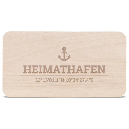 SEO. Frühstücksbrettchen "Heimathafen" mit Koordinaten - Gravur - Linkreich