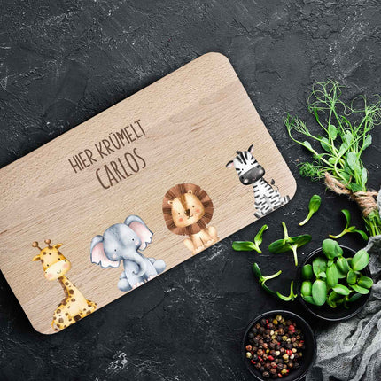 SEO. Frühstücksbrettchen mit Druck & Name im "Tiergruppe" Design - Tiergruppe Wald Linkreich