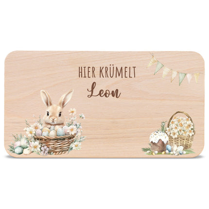 SEO. Frühstücksbrettchen mit Druck & Name zu Ostern - Osterhase im Korb Linkreich