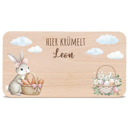 SEO. Frühstücksbrettchen mit Druck & Name zu Ostern - Hase mit Schleife Linkreich