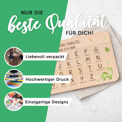 SEO. Frühstücksbrettchen mit Druckmotiv & Name - ABC Dinosaurier - Linkreich