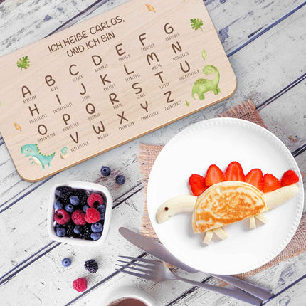 SEO. Frühstücksbrettchen mit Druckmotiv & Name - ABC Dinosaurier - Linkreich