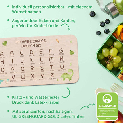SEO. Frühstücksbrettchen mit Druckmotiv & Name - ABC Dinosaurier - Linkreich