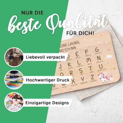 SEO. Frühstücksbrettchen mit Druckmotiv & Name - ABC Einhorn - Linkreich