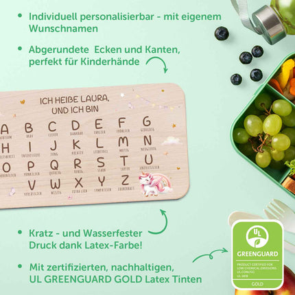 SEO. Frühstücksbrettchen mit Druckmotiv & Name - ABC Einhorn - Linkreich