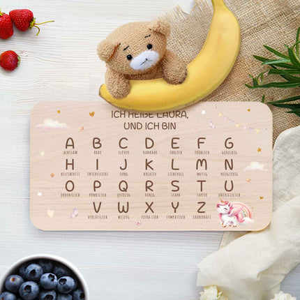 SEO. Frühstücksbrettchen mit Druckmotiv & Name - ABC Einhorn - Linkreich