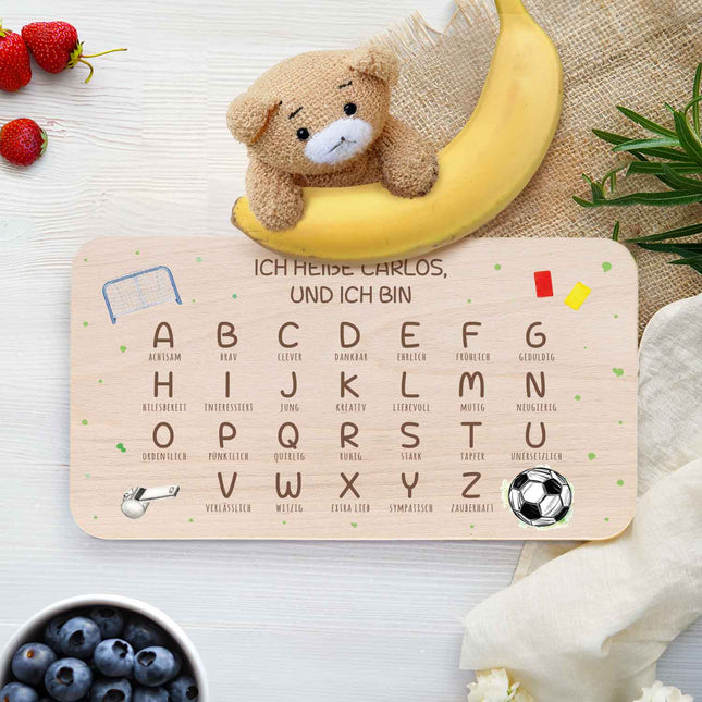 SEO. Frühstücksbrettchen mit Druckmotiv & Name - ABC Fußball - Linkreich