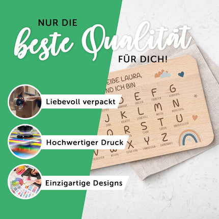 SEO. Frühstücksbrettchen mit Druckmotiv & Name - ABC Regenbogen - Regenbogen Rot Linkreich