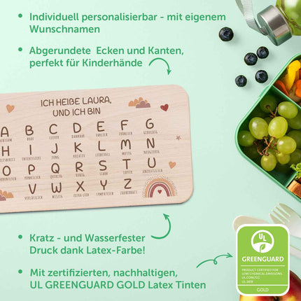 SEO. Frühstücksbrettchen mit Druckmotiv & Name - ABC Regenbogen - Regenbogen Rot Linkreich