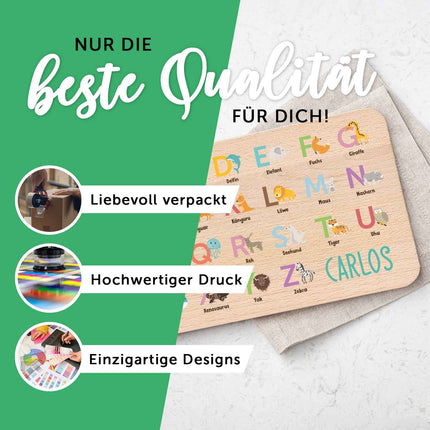 SEO. Frühstücksbrettchen mit Druckmotiv & Name - ABC Tiere - Linkreich