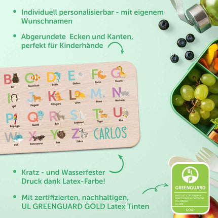 SEO. Frühstücksbrettchen mit Druckmotiv & Name - ABC Tiere - Linkreich