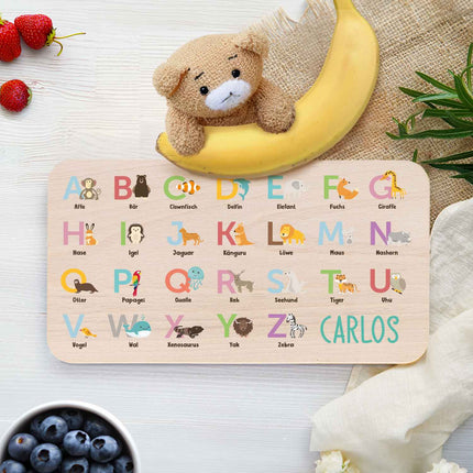 SEO. Frühstücksbrettchen mit Druckmotiv & Name - ABC Tiere - Linkreich