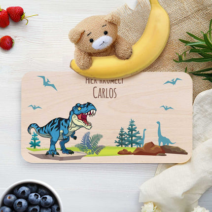 SEO. Frühstücksbrettchen mit Druckmotiv & Name - T - Rex Design - Blau Linkreich