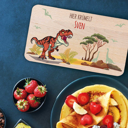 SEO. Frühstücksbrettchen mit Druckmotiv & Name - T - Rex Design - Rot Linkreich
