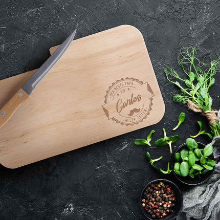 SEO. Frühstücksbrettchen mit Gravur - Inklusive Messer - Bester Papa Logo mit Name - Linkreich
