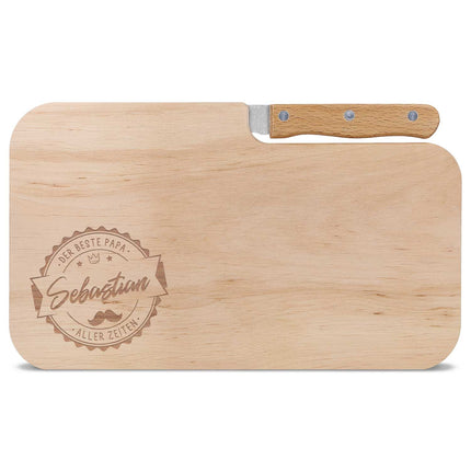 SEO. Frühstücksbrettchen mit Gravur - Inklusive Messer - Bester Papa Logo mit Name - Linkreich