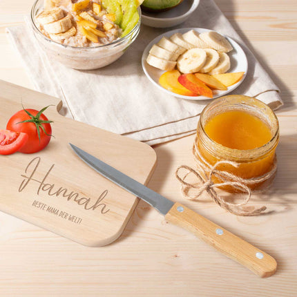SEO. Frühstücksbrettchen mit Gravur - Inklusive Messer - Personalisiert mit Namen und Wunschtext - Linkreich