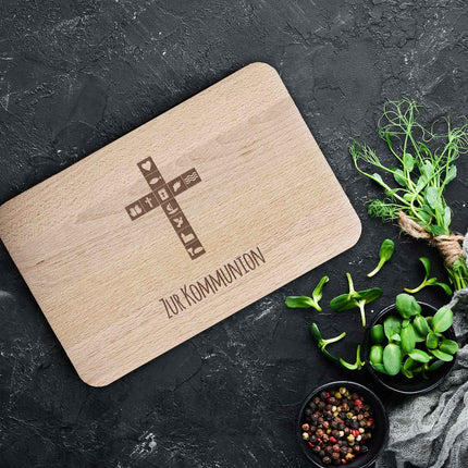 SEO. Frühstücksbrettchen mit Gravur "Kommunion Kreuz" - Linkreich