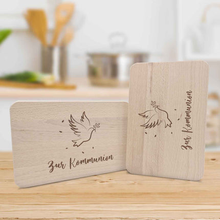 SEO. Frühstücksbrettchen mit Gravur "Kommunion Vogel" - Linkreich