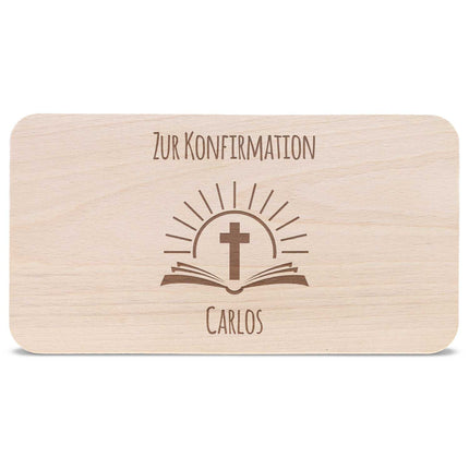 SEO. Frühstücksbrettchen mit Gravur "Konfirmation / Kommunion Bibel" mit Name - Linkreich