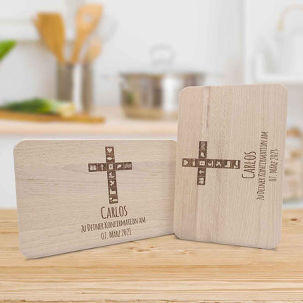 SEO. Frühstücksbrettchen mit Gravur "Konfirmation / Kommunion Kreuz" - Linkreich