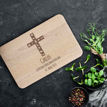 SEO. Frühstücksbrettchen mit Gravur "Konfirmation / Kommunion Kreuz" - Linkreich