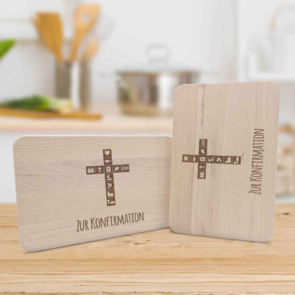 SEO. Frühstücksbrettchen mit Gravur "Konfirmation Kreuz" - Linkreich