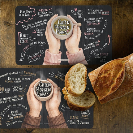SEO. Frühstücksbrettchen Set für neue Eltern zur Geburt "Guten Morgen Mama und Papa“ - Linkreich