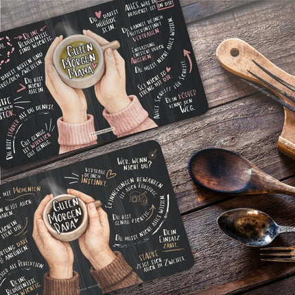 SEO. Frühstücksbrettchen Set für neue Eltern zur Geburt "Guten Morgen Mama und Papa“ - Linkreich