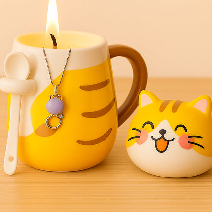 Schmuck Duftkerze mit Motiv Katze, in Keramiktasse mit Deckel und Löffel