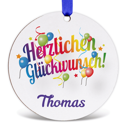 SEO. Geschenkanhänger aus Holz - Herzlichen Glückwunsch - Personalisiert mit Namen - 6cm Linkreich