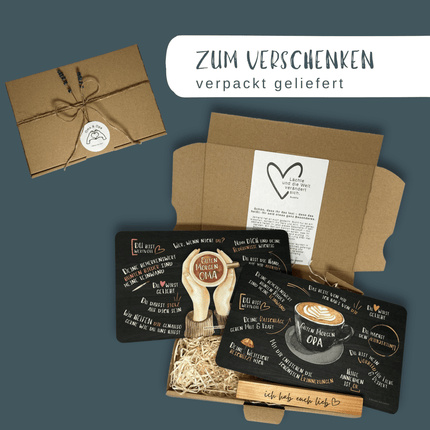 SEO. Geschenkset für Eltern: liebevolles Frühstücksbrettchen - Set für Mama und Papa mit Holzhalter - Linkreich