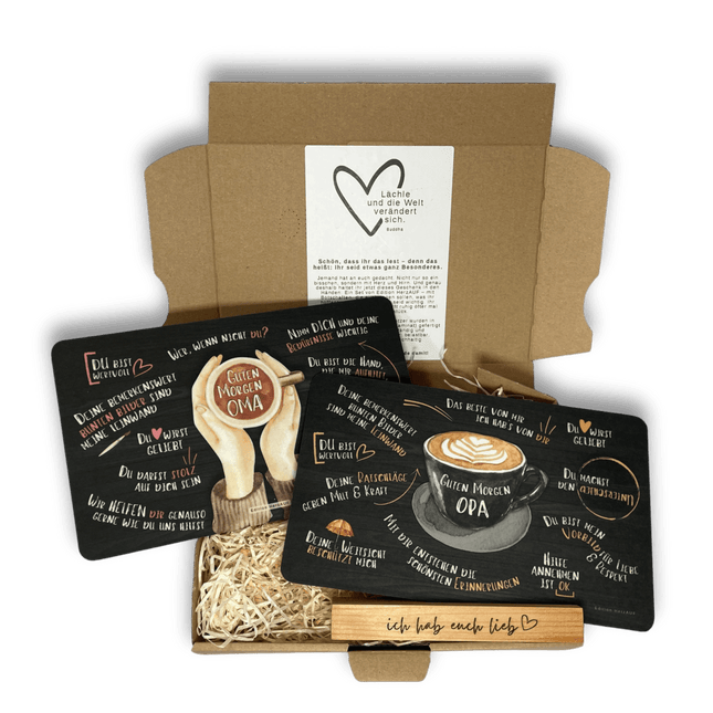 SEO. Geschenkset für Großeltern: liebevolles Frühstücksbrettchen - Set mit individualisierterem Halter in Geschenkverpackung - Linkreich