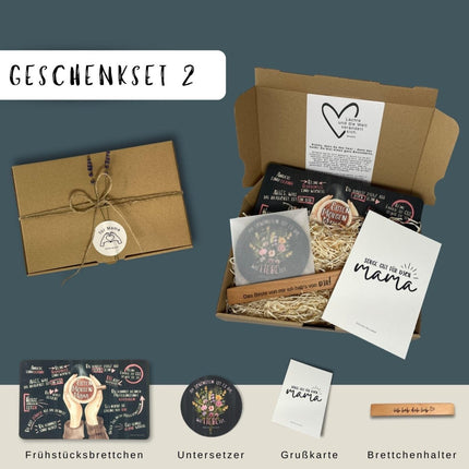 SEO. Geschenkset für Mama: Guten Morgen Frühstücksbrettchen, Untersetzer u.Halter, Ostergeschenk, Geschenk zur Geburt Mama - Set 2 Linkreich