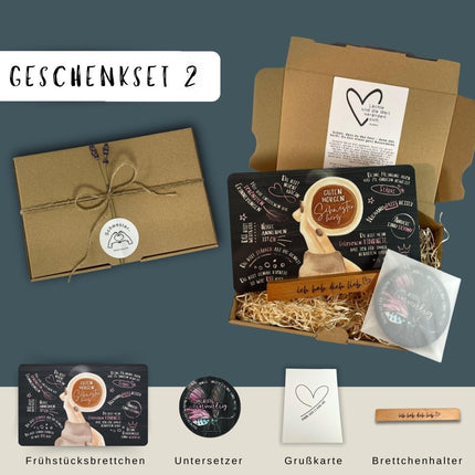 SEO. Geschenkset für Schwester: Frühstücksbrett, Halter & Untersetzer - Set 2 Linkreich