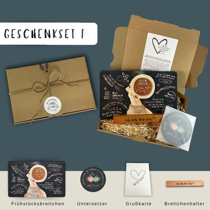 SEO. Geschenkset für Schwester: Frühstücksbrett, Halter & Untersetzer - Set 1 Linkreich