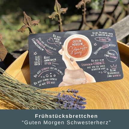 SEO. Geschenkset für Schwester: Frühstücksbrett, Halter & Untersetzer - Set 1 Linkreich