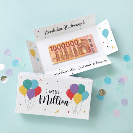 SEO. Geschenkverpackung - Meine erste Million - Ballons Linkreich