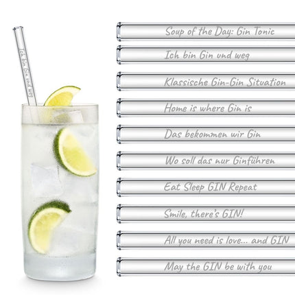 SEO. Gin Cocktail Glasstrohhalme Party Set mit 20 Gin Sprüchen & Zitaten - 20 Glastrinkhalme - 20 cm Linkreich
