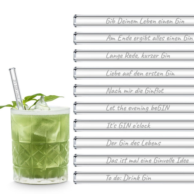 SEO. Gin Cocktail Glasstrohhalme Party Set mit 20 Gin Sprüchen & Zitaten - 20 Glastrinkhalme - 15 cm Linkreich